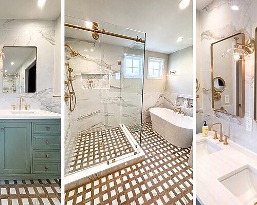 tiled bathroom with sage vanity, soaking tub and brass finishes