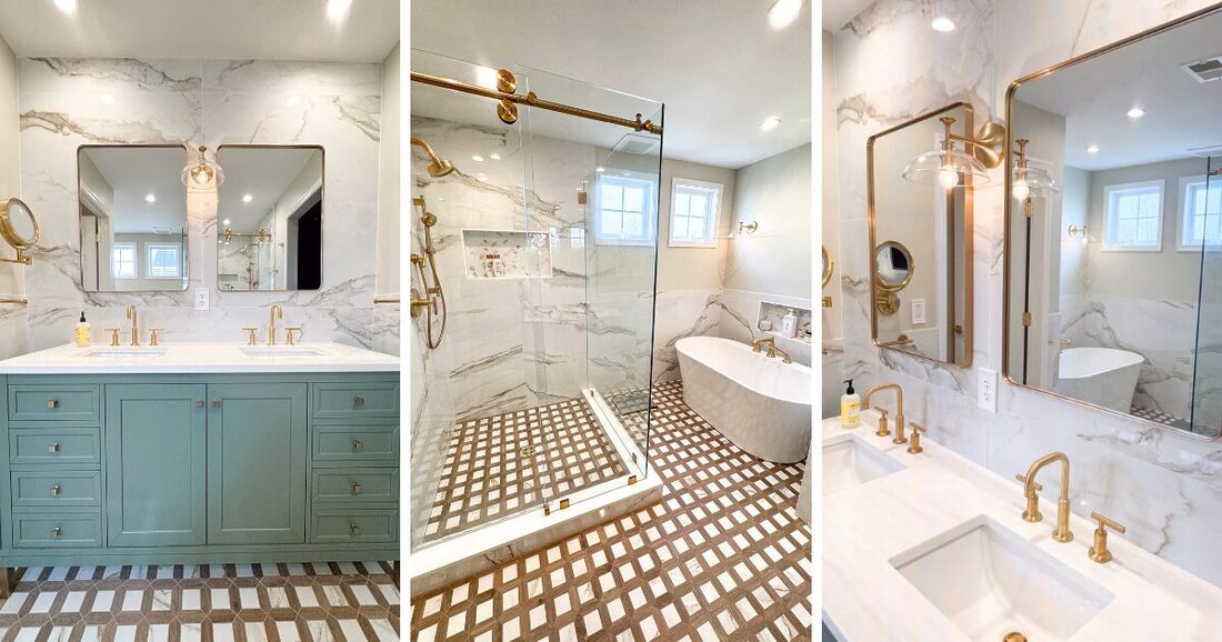 tiled bathroom with sage vanity, soaking tub and brass finishes