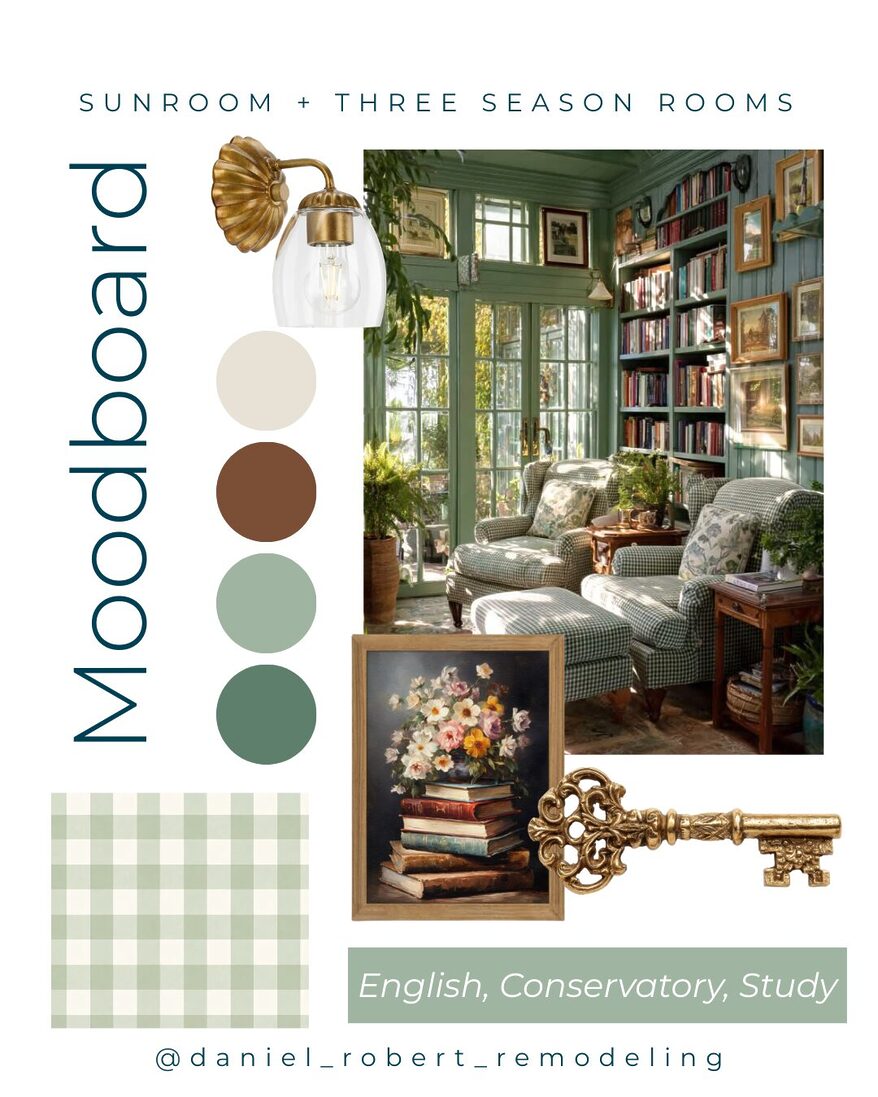 mood board for a sunroom room three season room with english, conservatory and book vibes