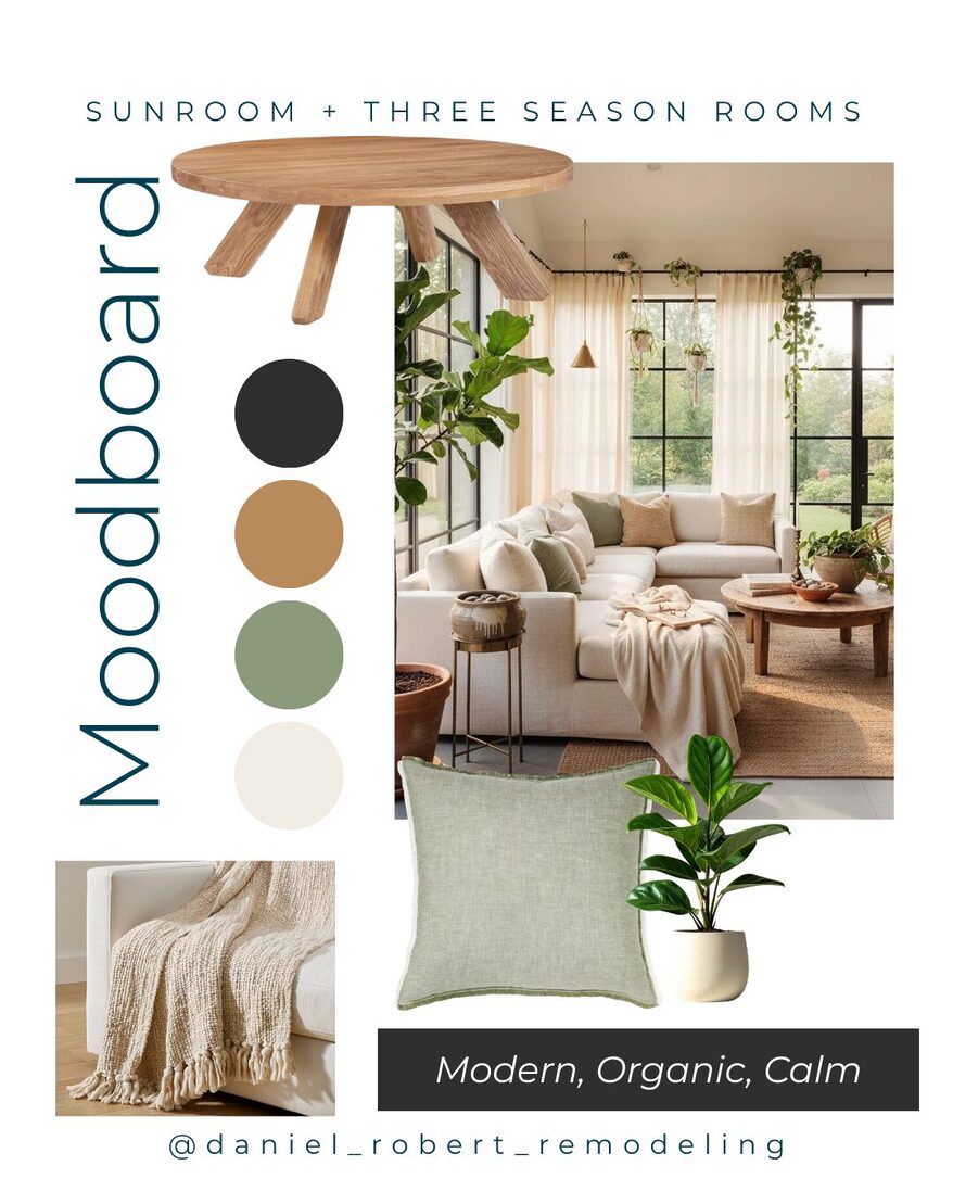 mood board for a modern organic and calm sunroom and three season room