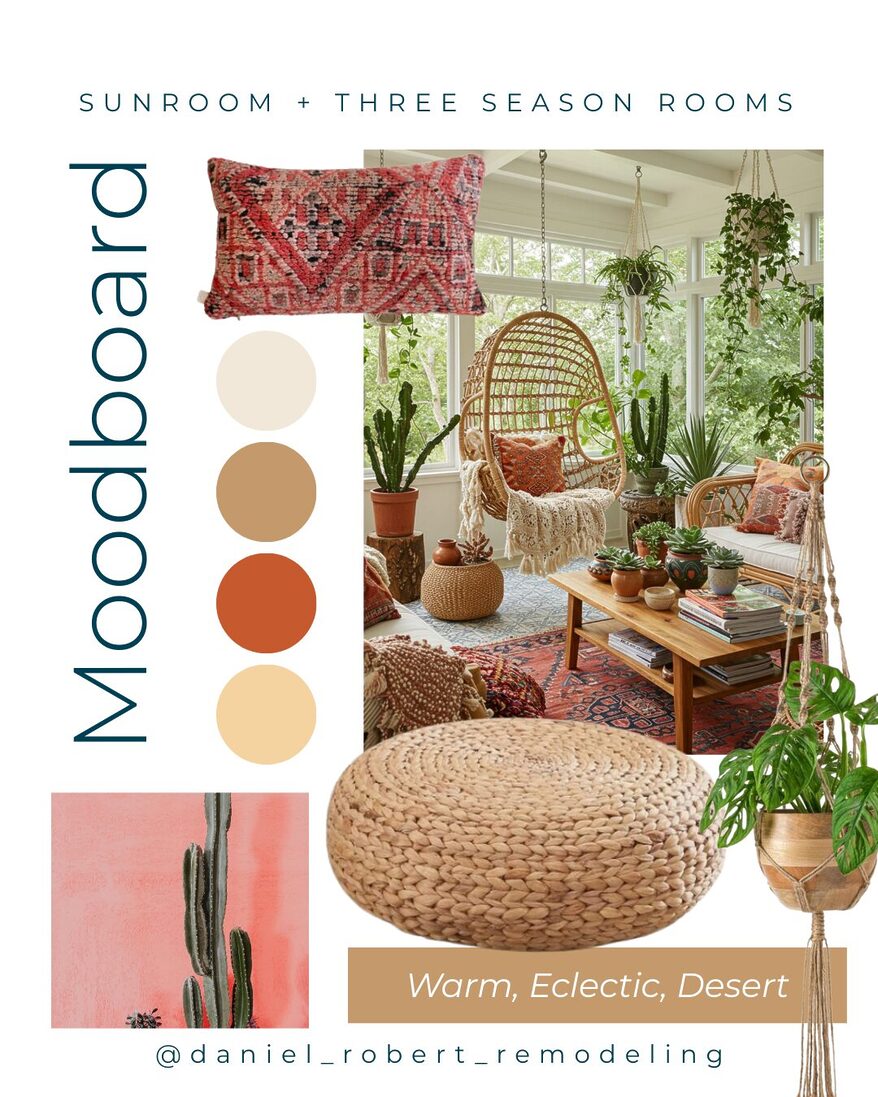 mood board for a warm eclectic desert sunroom and three season room