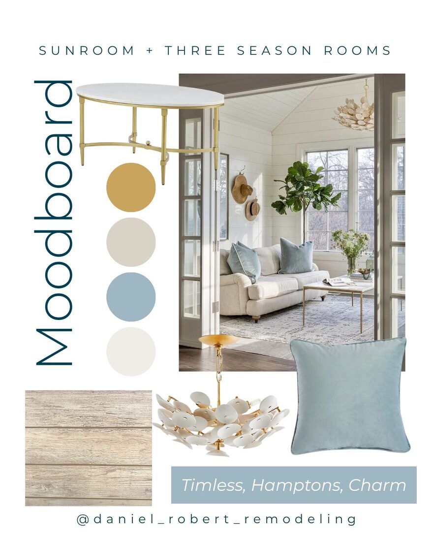 mood board for a timeless hamptons charm sun room and three season room with shiplap