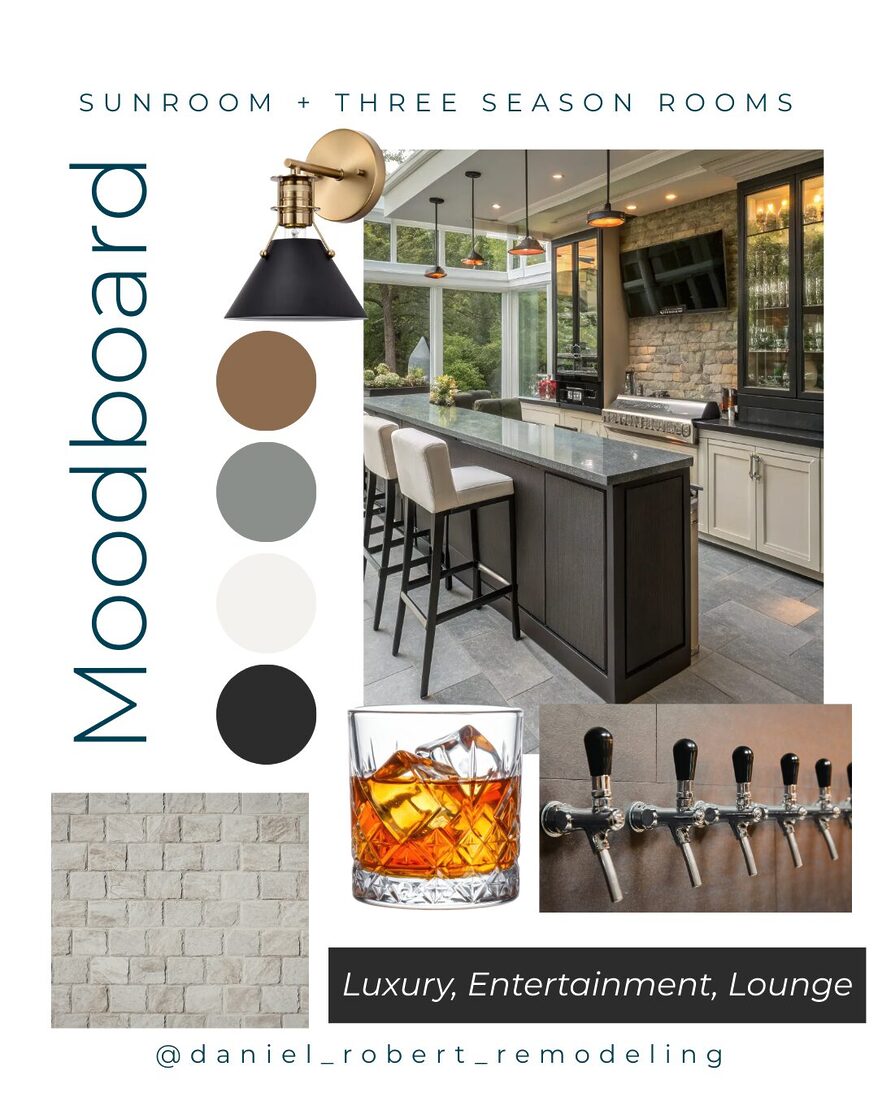 mood board for a luxury entertainment lounge sunroom and three season room with bar seating and large windows