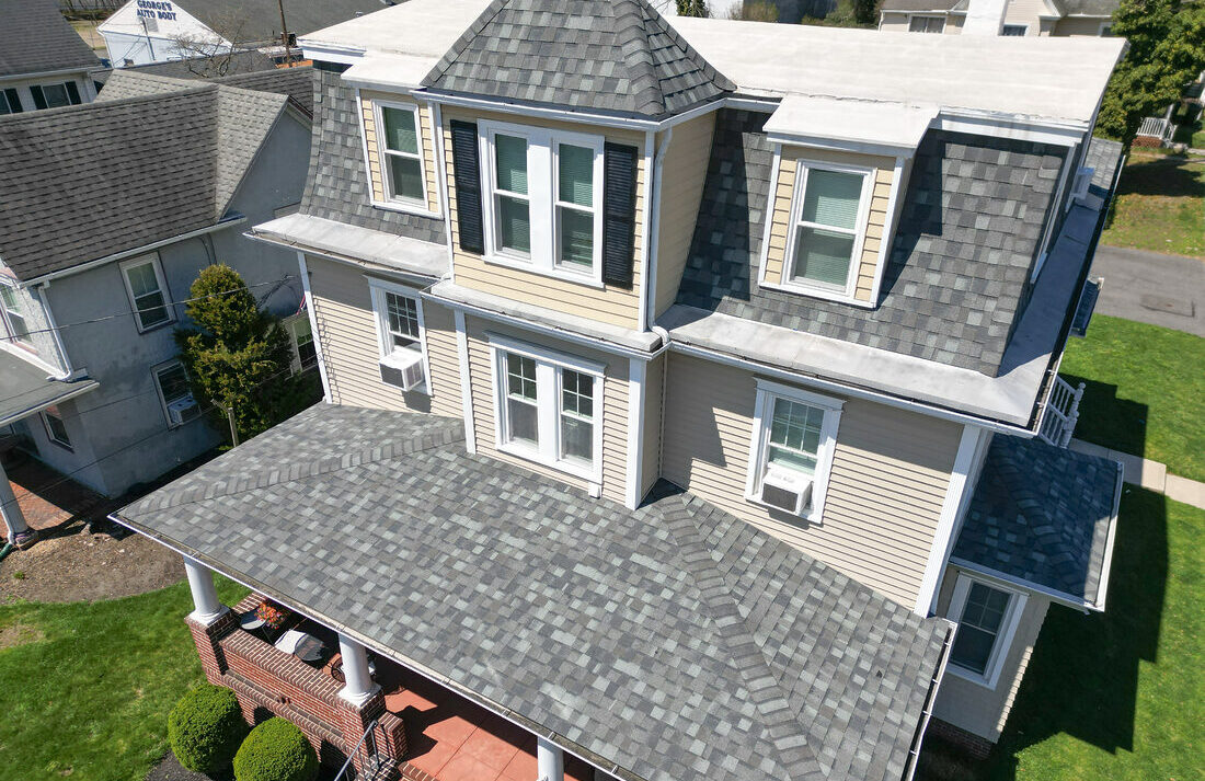 drone photo of a roof replacement in pitman nj done but daniel robert remodeling. shingles are certain teed georgetown gray