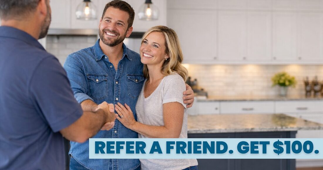 a couple standing in a kitchen shaking hands with a man. text on image says refer a friend get $100