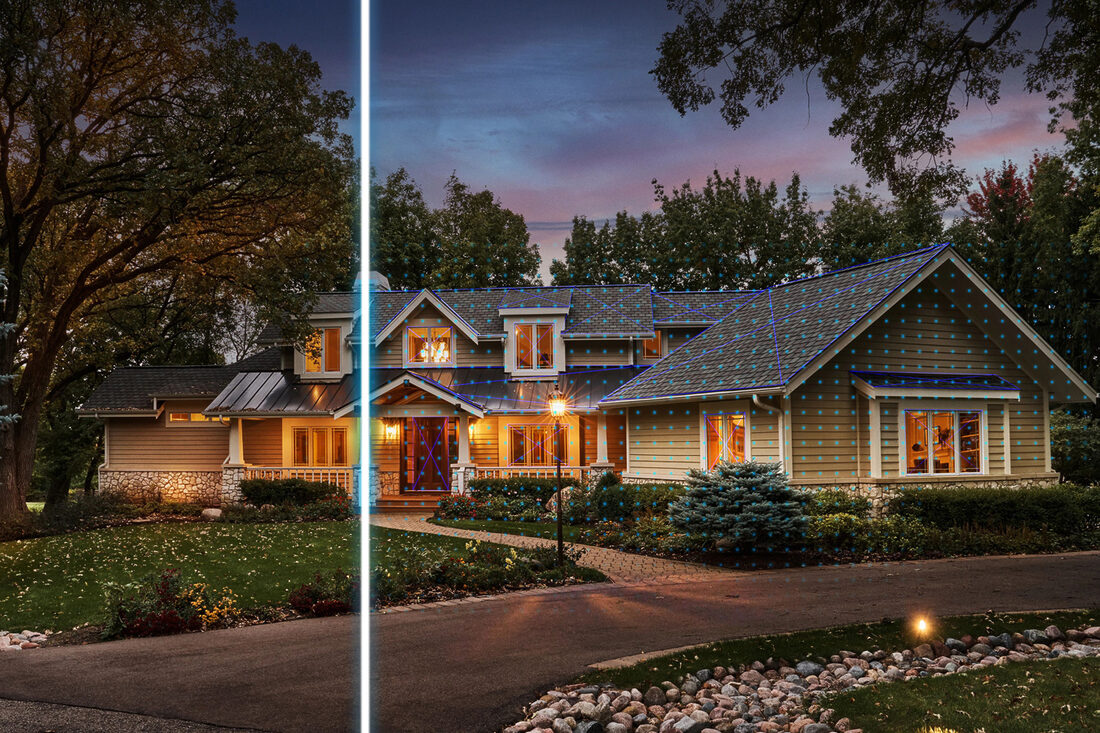 a before an after image of a home using AI to see what it could look like with new siding and a new roof