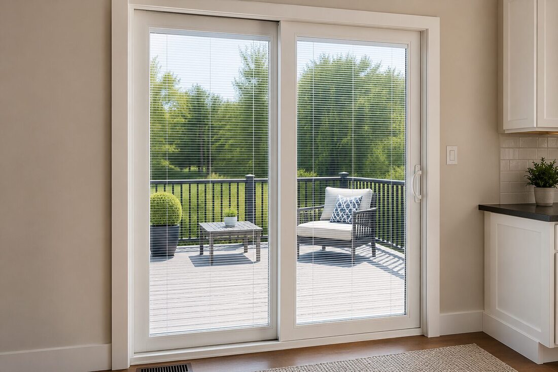 White sliding patio door with built-in blinds between the glass overlooking a backyard deck in a modern South Jersey home